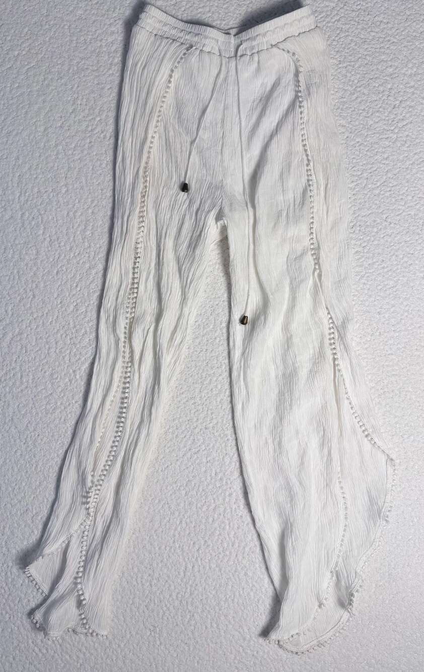 Shasa White Crinkle Split-Leg Beach Cover-Up Pants Pom-Pom Trim YM
